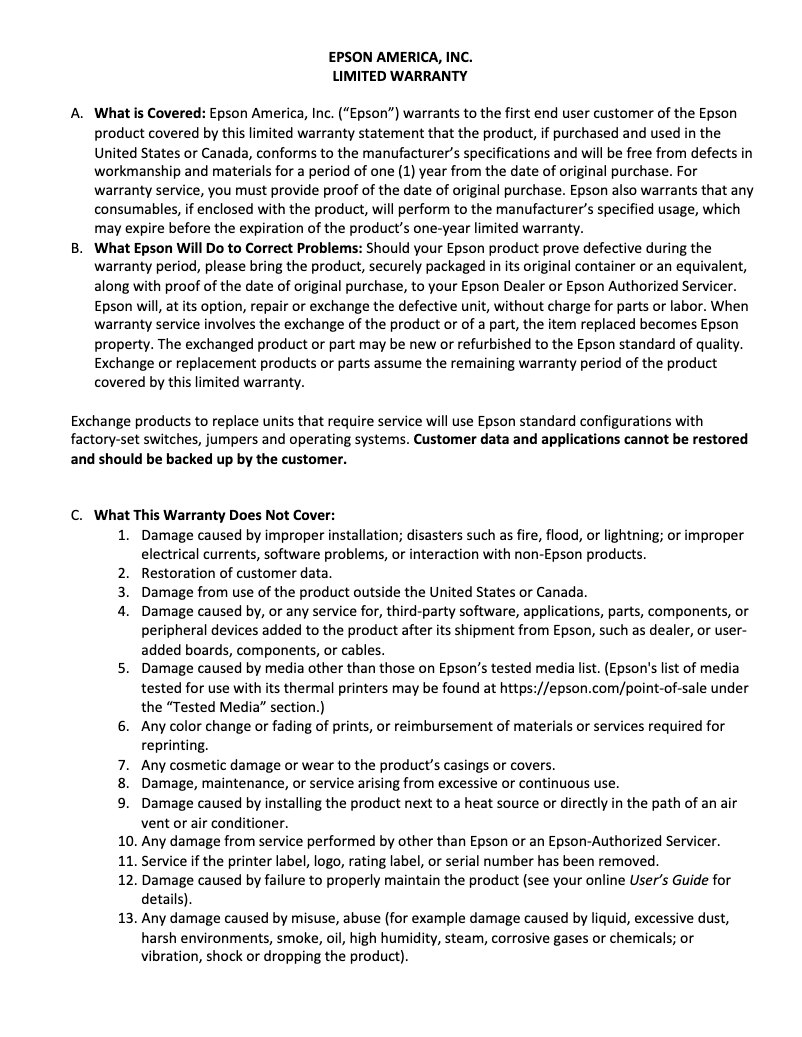 Página 1 del manual Información de garantía Epson TM-m10