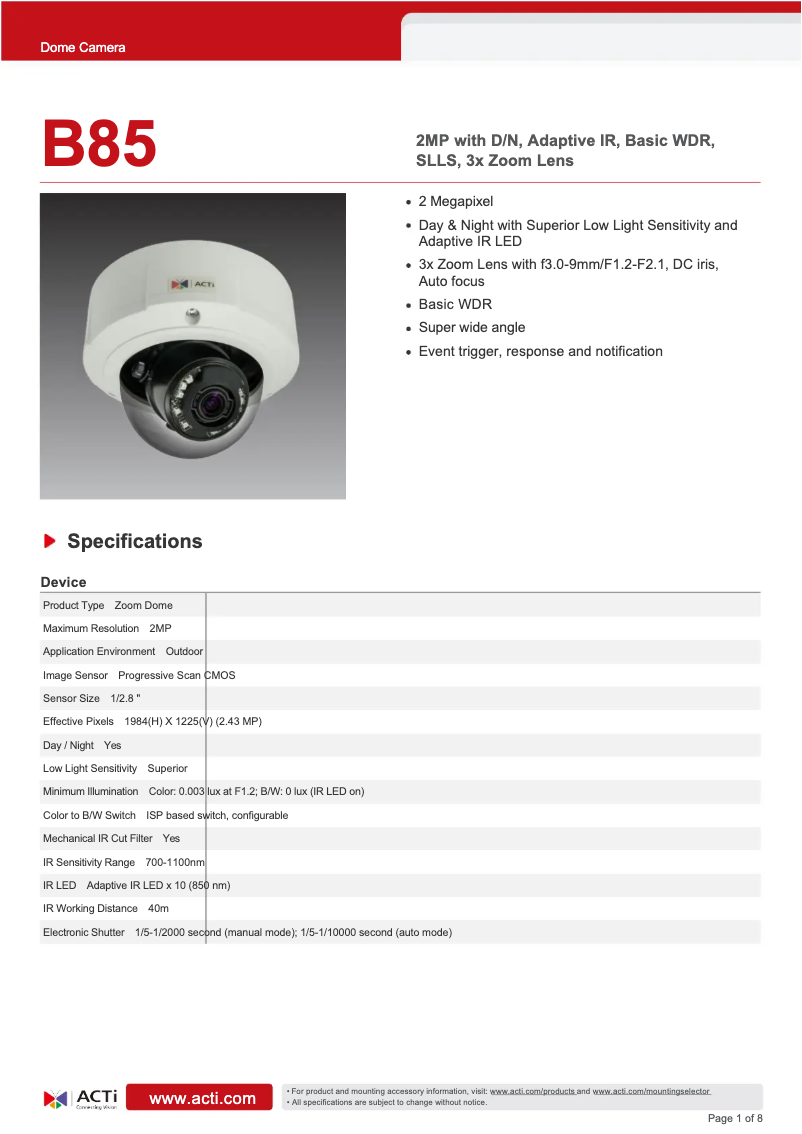 Página 1 del manual Ficha técnica ACTi B85