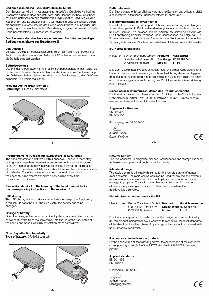 Página 1 del manual Manual de usuario Berner RCBE 868-4