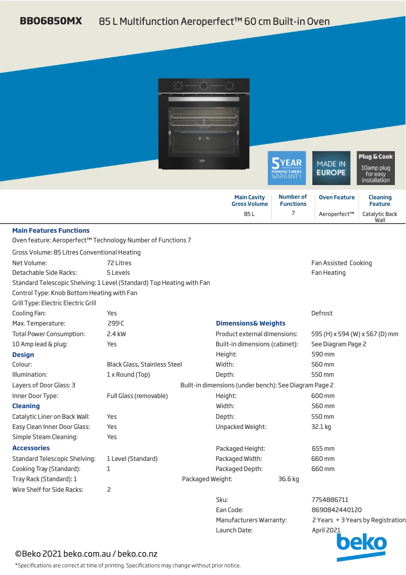 Página 1 del manual Ficha técnica Beko BBO6850MX