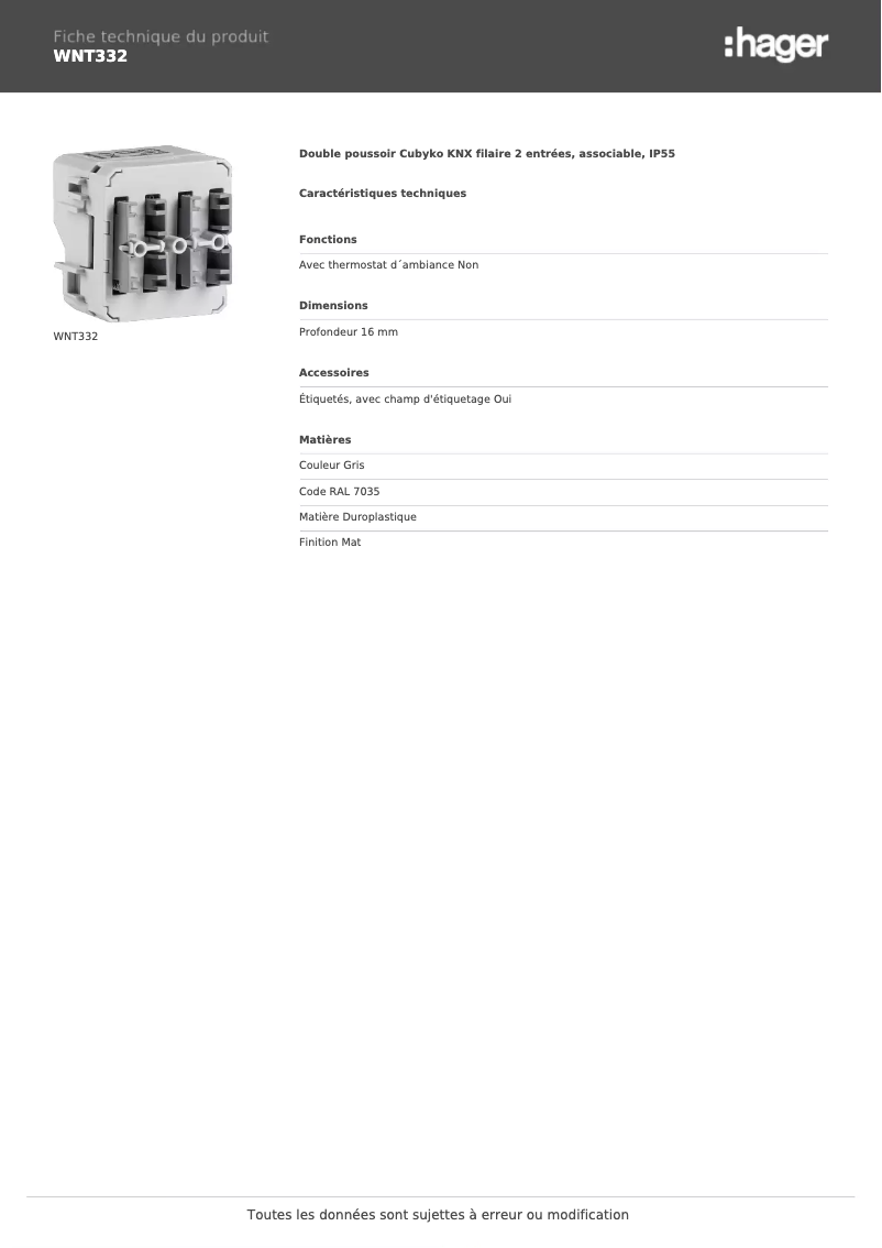 Página 1 del manual Ficha técnica Hager WNT332