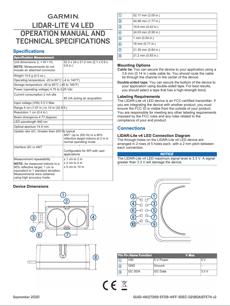 Imagen de la primera página del manual del dispositivo LIDAR-Lite v4 LED