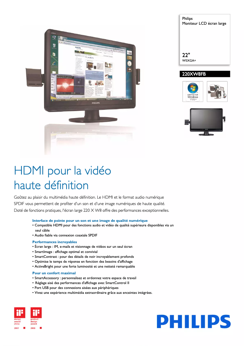 Página 1 del manual Ficha técnica Philips 220XW8FB