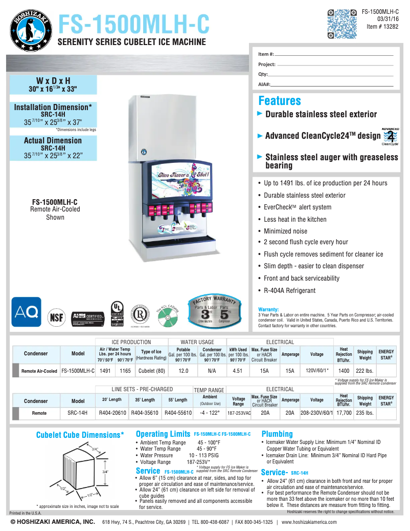 Página 1 del manual Ficha técnica Hoshizaki FS-1500MLH-C