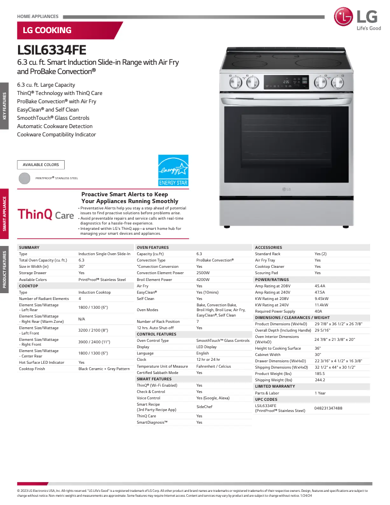 Página 1 del manual Ficha técnica LG LSIL6334FE