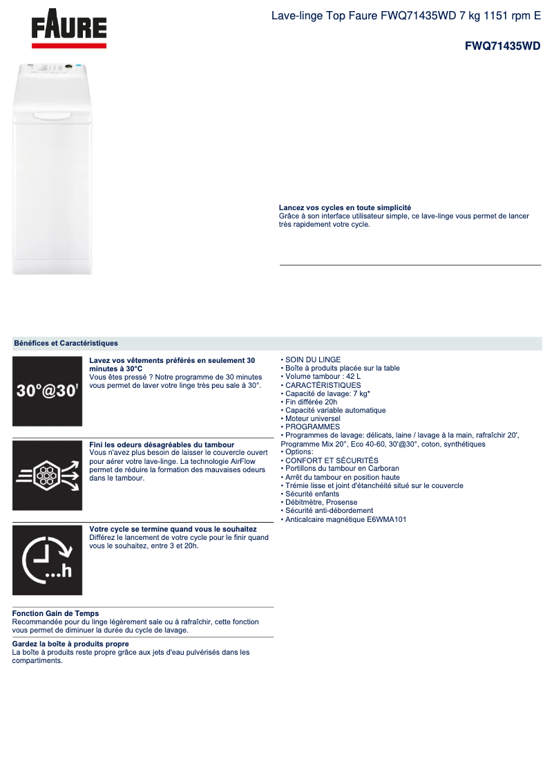 Página 1 del manual Ficha técnica Faure FWQ71435WD