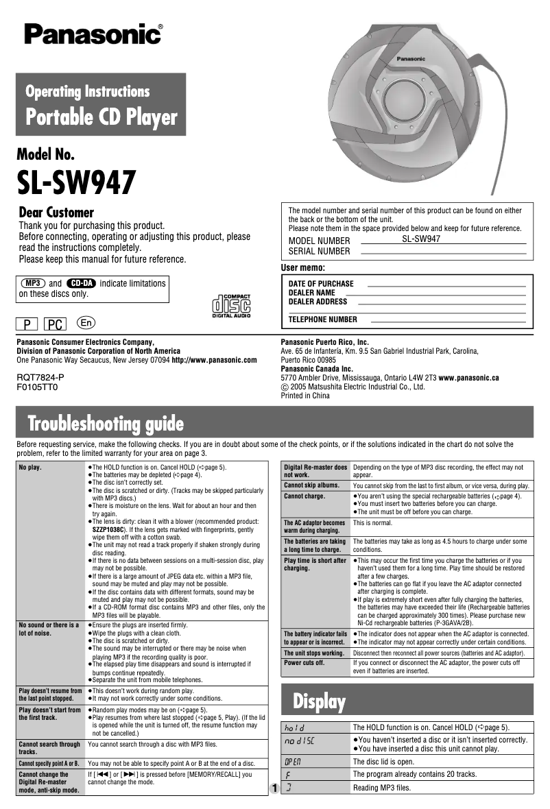 Página 1 del manual Manual de usuario Panasonic SL-SW947