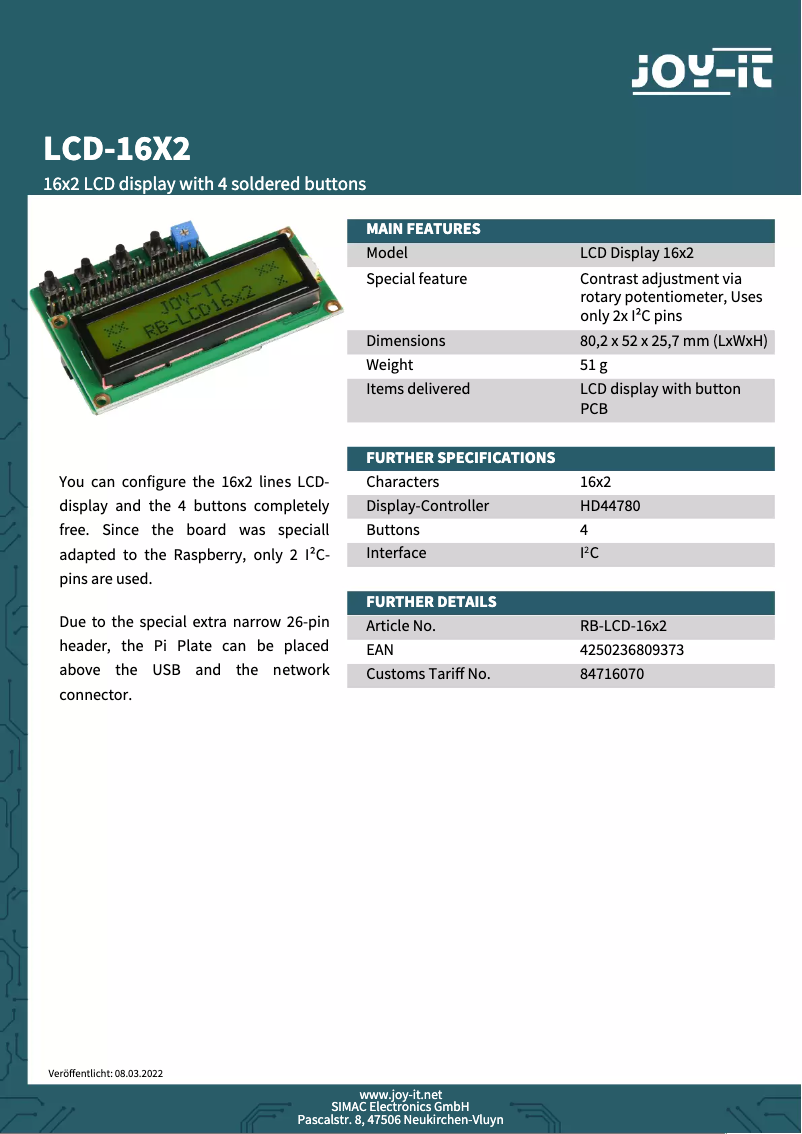 Página 1 del manual Ficha técnica Joy-It RB-LCD-16x2