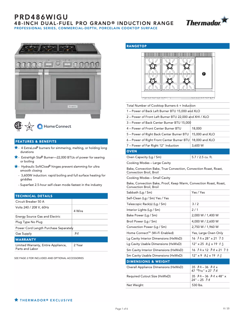 Página 1 del manual Ficha técnica Thermador PRD486WIGU