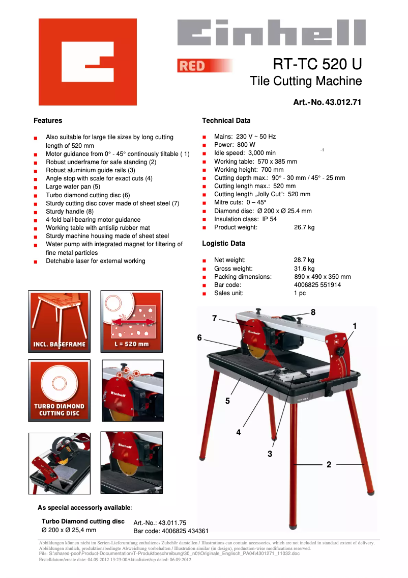 Página 1 del manual Ficha técnica Einhell RT-TC 520 U