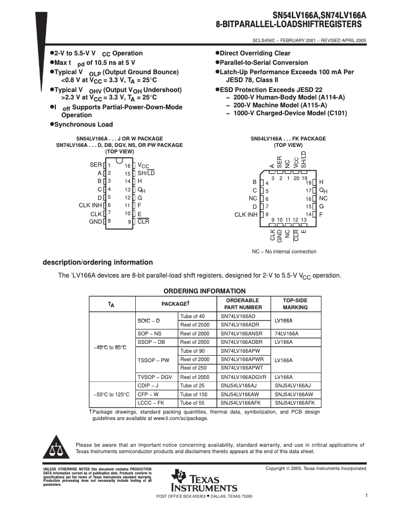 Imagen de la primera página del manual del dispositivo SN74LV166ADR