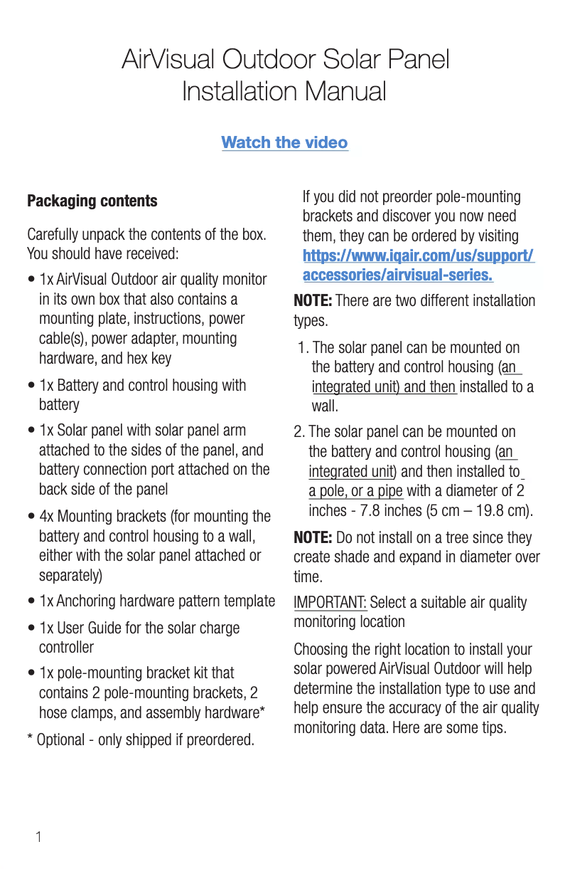 Imagen de la primera página del manual del dispositivo AirVisual Pro