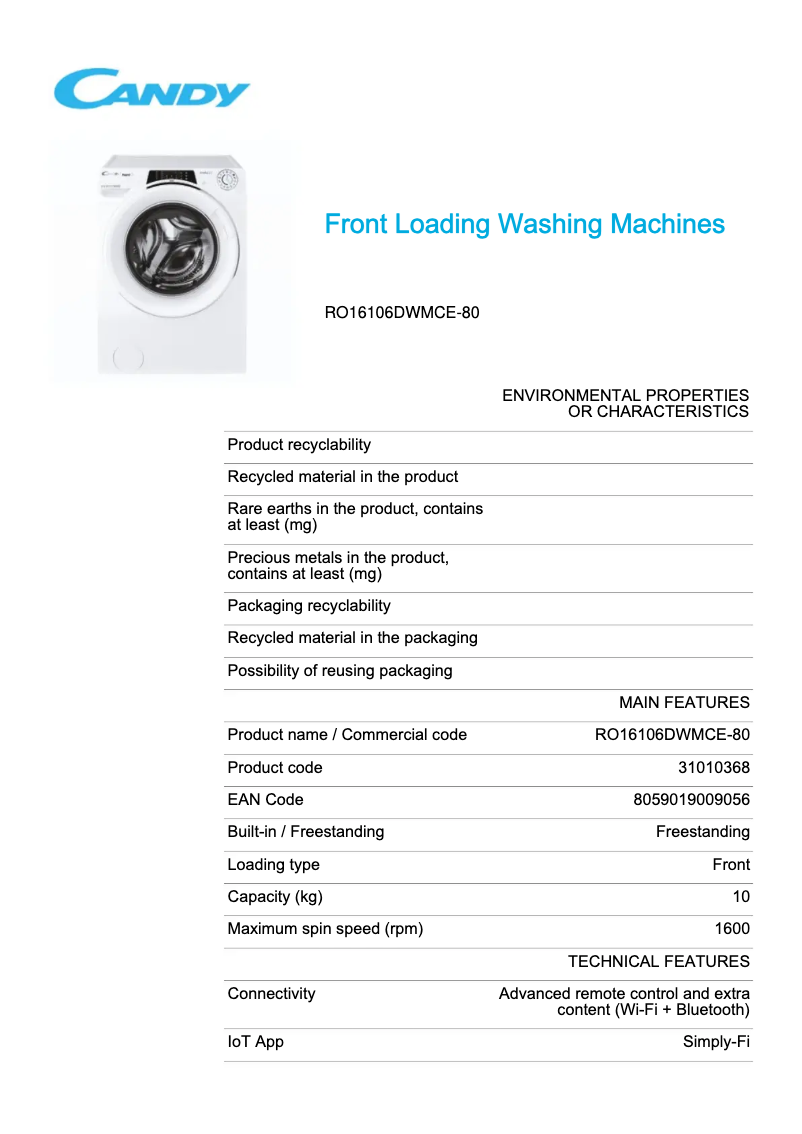 Página 1 del manual Ficha técnica Candy RO16106DWMCE-80