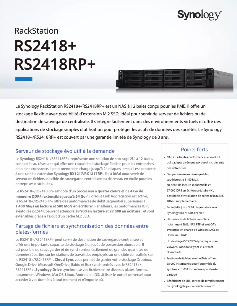 Página 1 del manual Ficha técnica Synology RackStation RS2418RP+