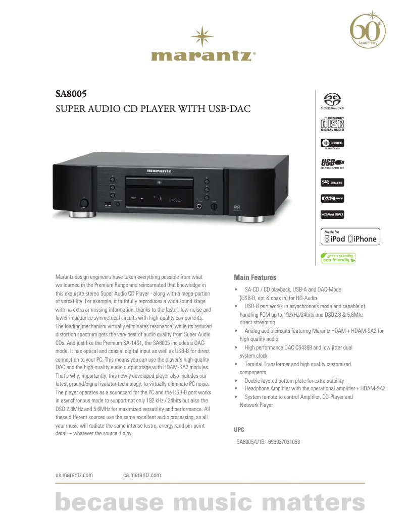 Página 1 del manual Ficha técnica Marantz SA8005