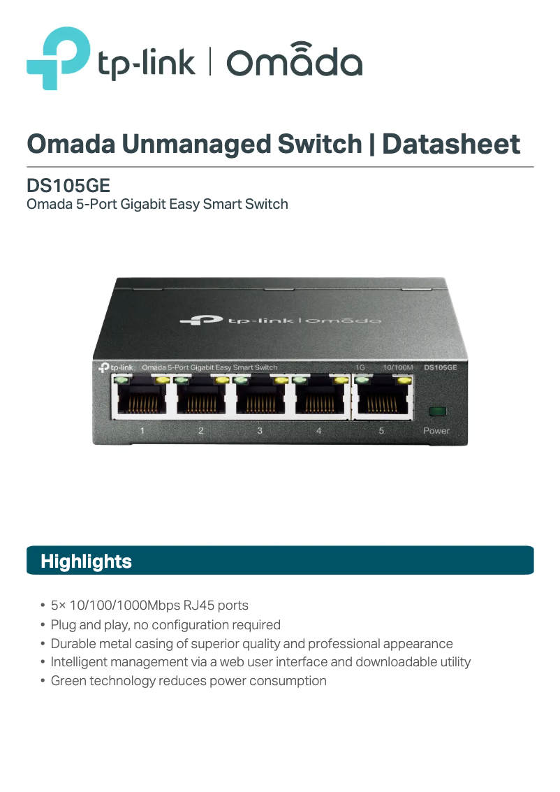 Imagen de la primera página del manual del dispositivo Omada DS105GE