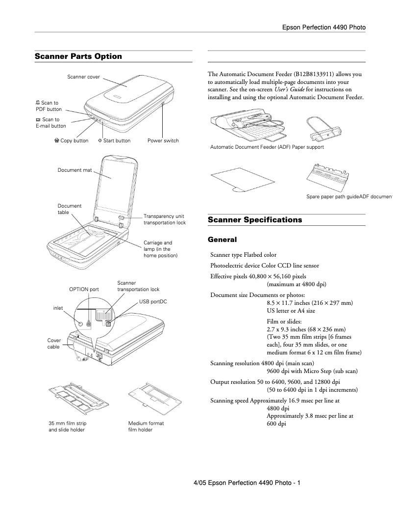 Página 1 del manual Ficha técnica Epson Perfection 4490 Office