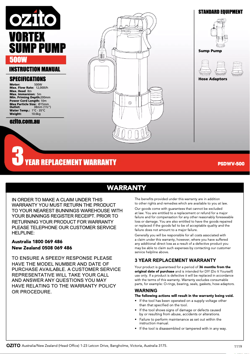 Página nº 1 - Manual de usuario Ozito PSDWV-500