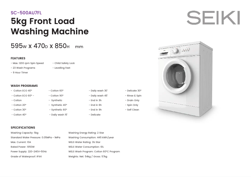 Página 1 del manual Ficha técnica Seiki SC-500AU7FL