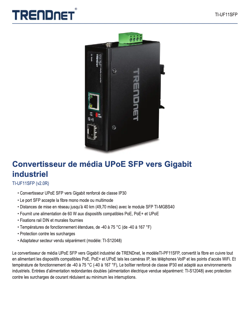 Página 1 del manual Ficha técnica TRENDnet TI-UF11SFP