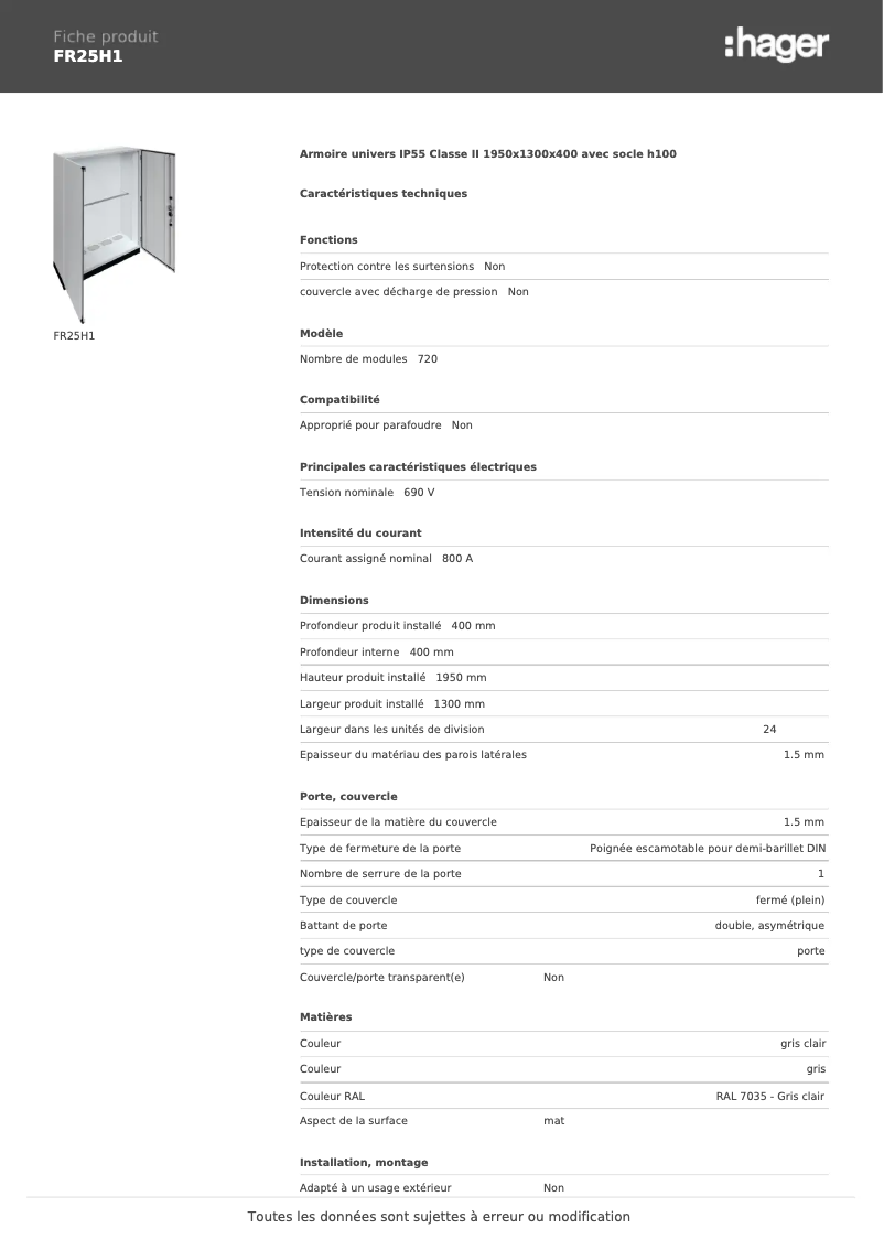 Página 1 del manual Ficha técnica Hager FR25H1