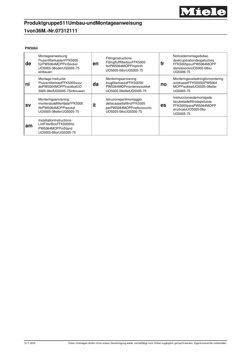 Página 1 del manual Manual de usuario Miele UG 5005-75 FFK