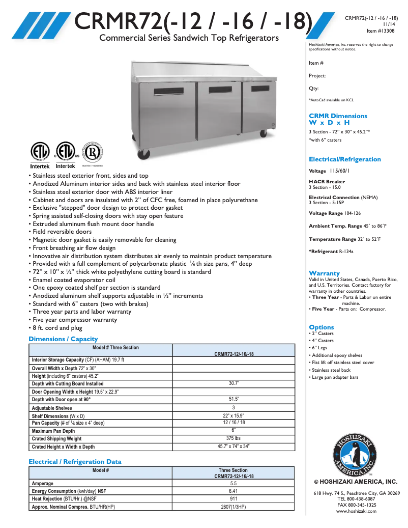 Página 1 del manual Ficha técnica Hoshizaki CRMR72-12
