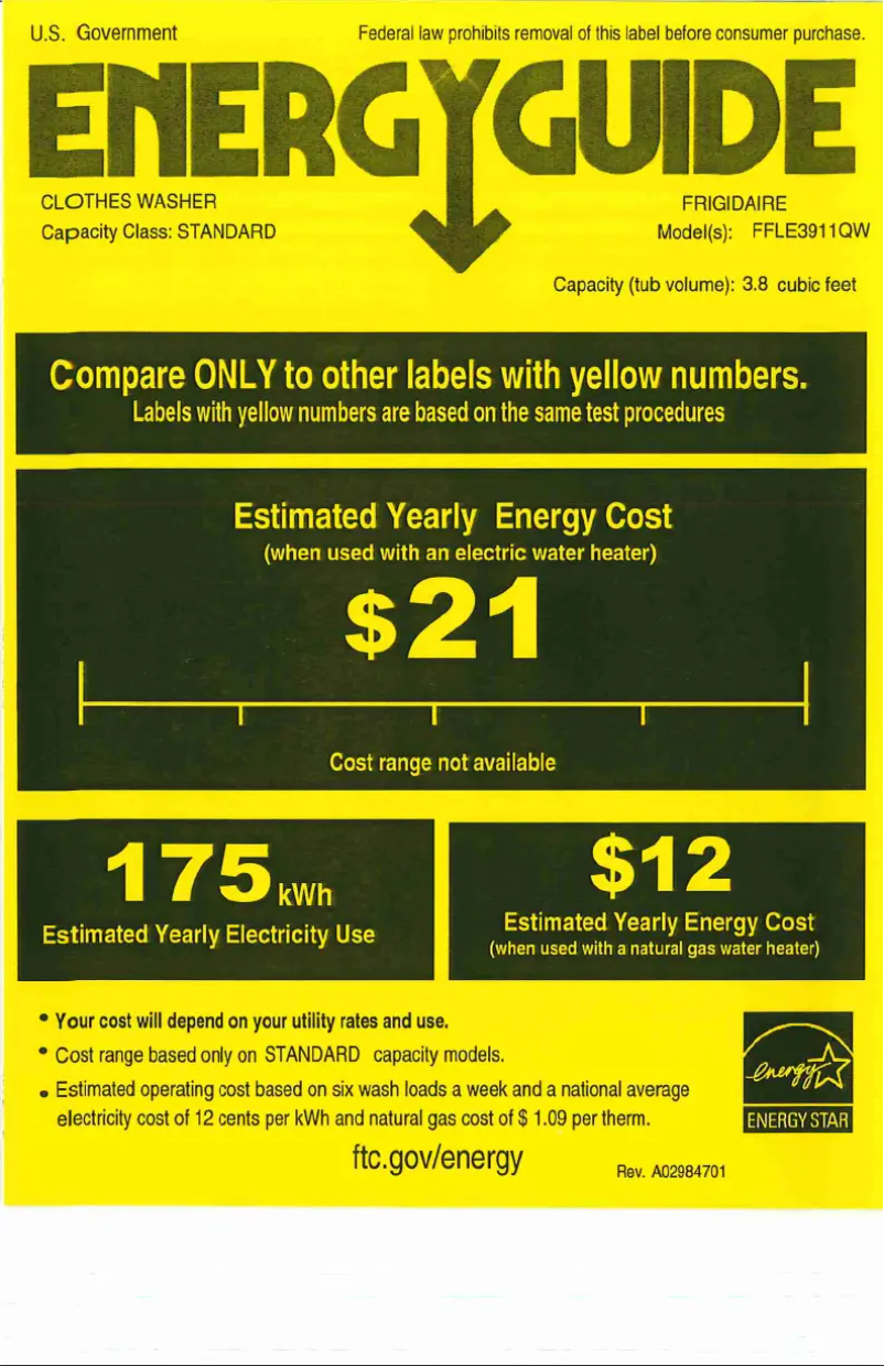 Página 1 del manual Etiqueta energética Frigidaire FFLE3911QW