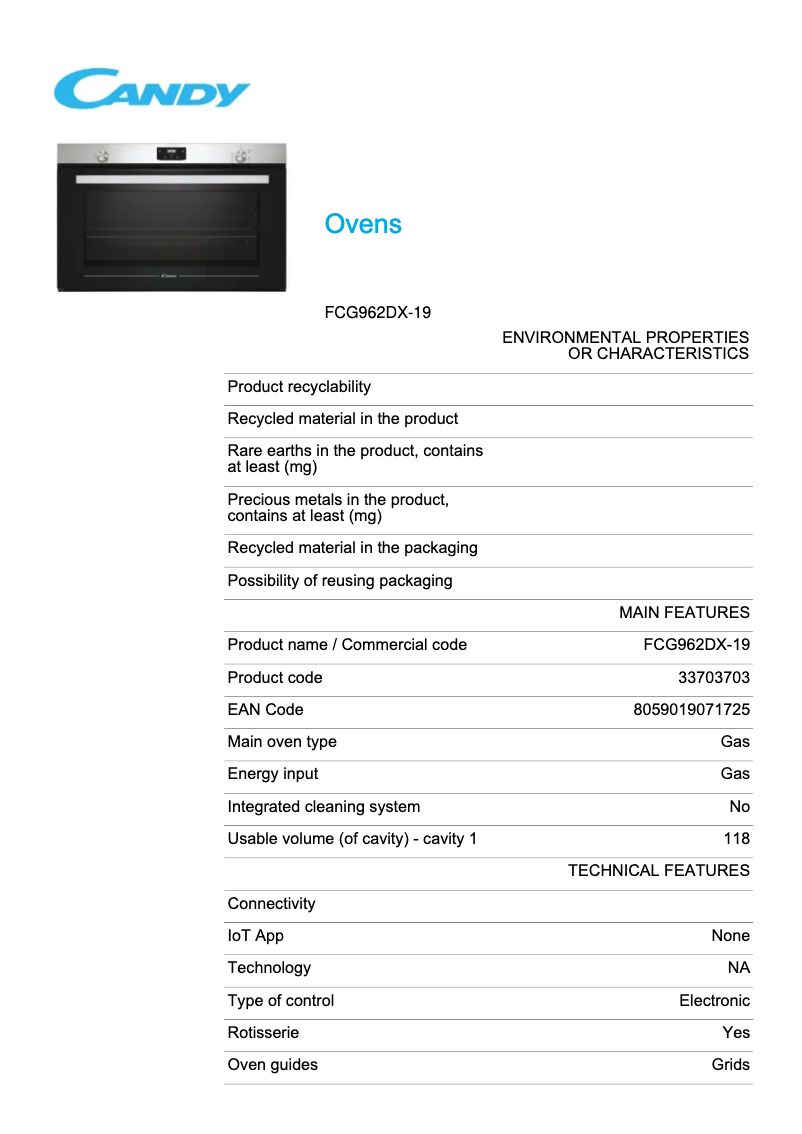 Página 1 del manual Ficha técnica Candy FCG962DX-19