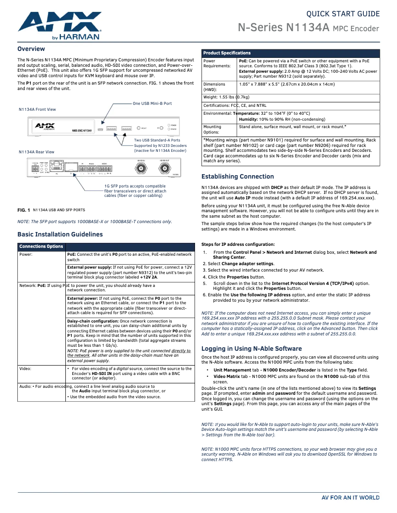 Imagen de la primera página del manual del dispositivo NMX-ENC-N1134A