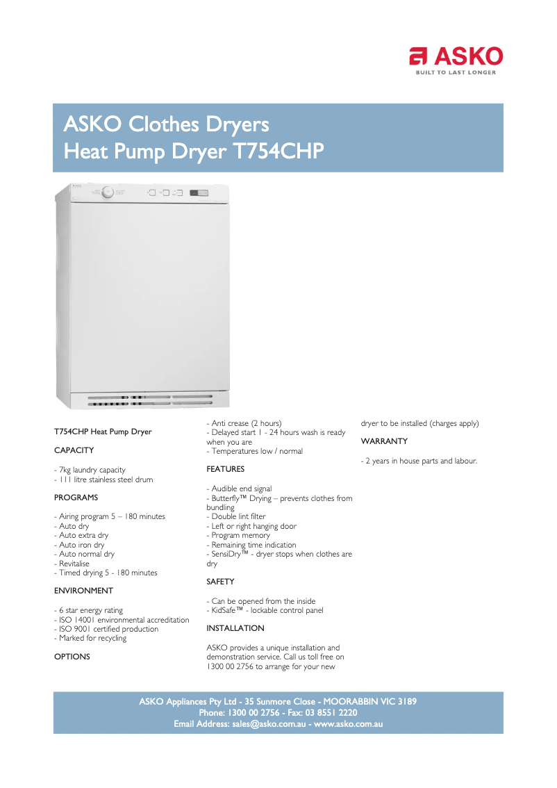 Página 1 del manual Ficha técnica Asko T754CHP