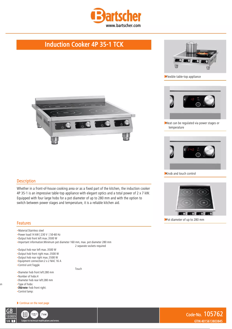 Página 1 del manual Ficha técnica Bartscher 4P 35-1 TCK