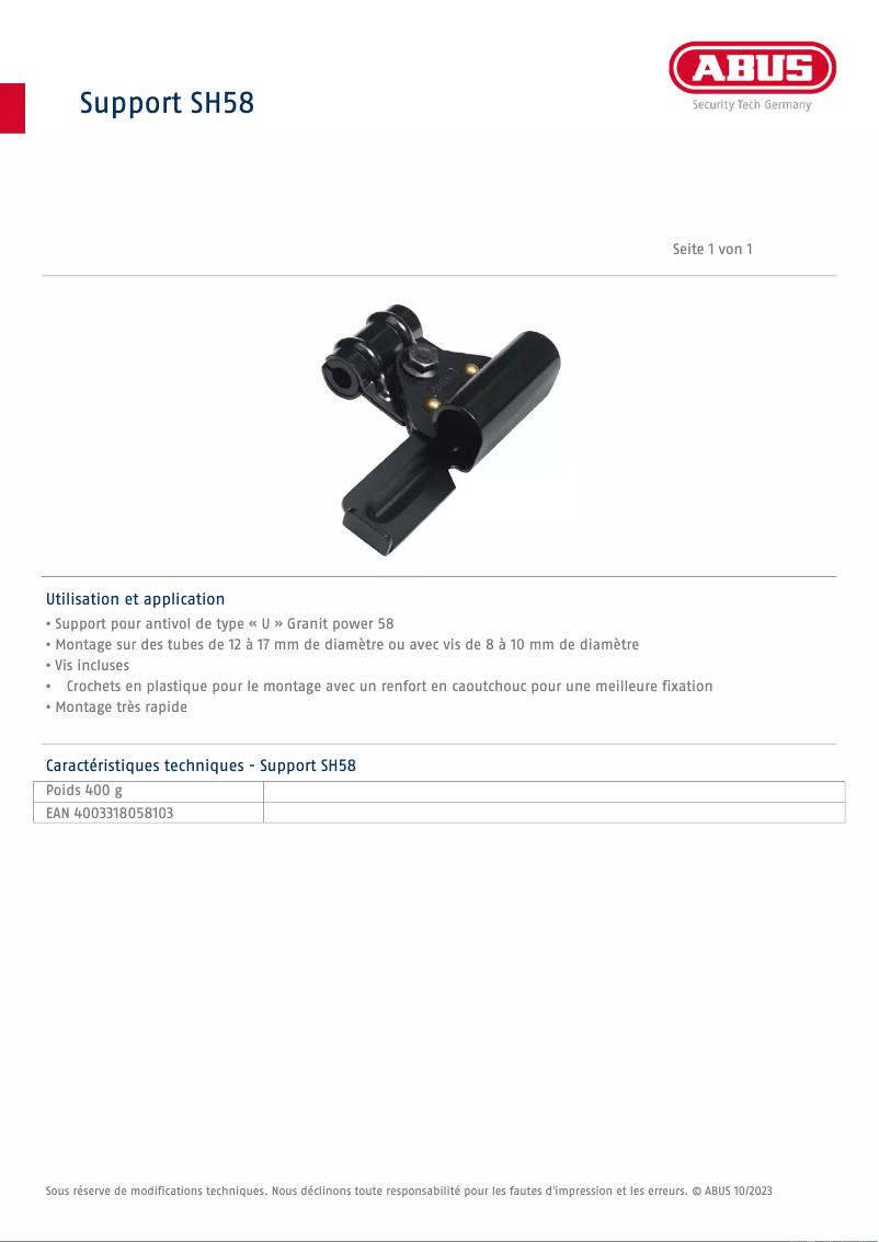 Página 1 del manual Ficha técnica Abus SH58