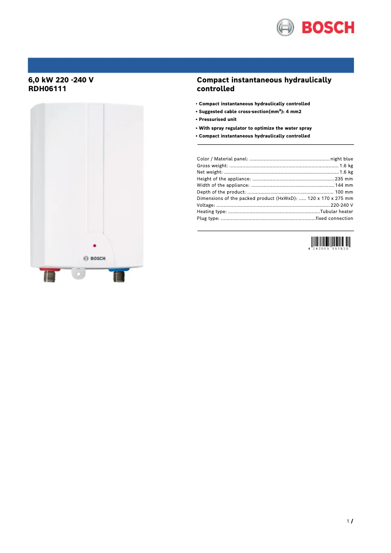 Página 1 del manual Ficha técnica Bosch RDH06111