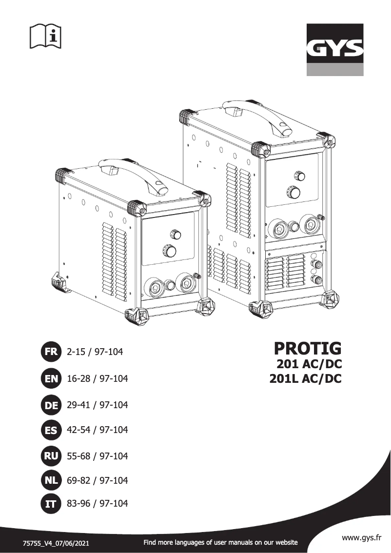 Imagen de la primera página del manual del dispositivo Protig 201L AC/DC