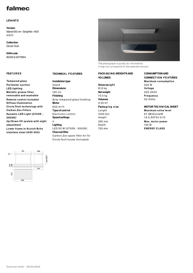 Página 1 del manual Ficha técnica Falmec Levante