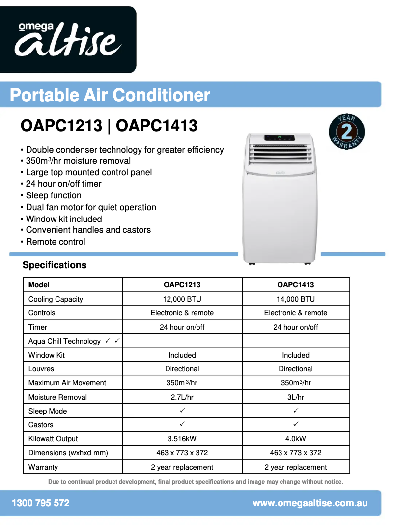 Página 1 del manual Ficha técnica Omega OAPC1413