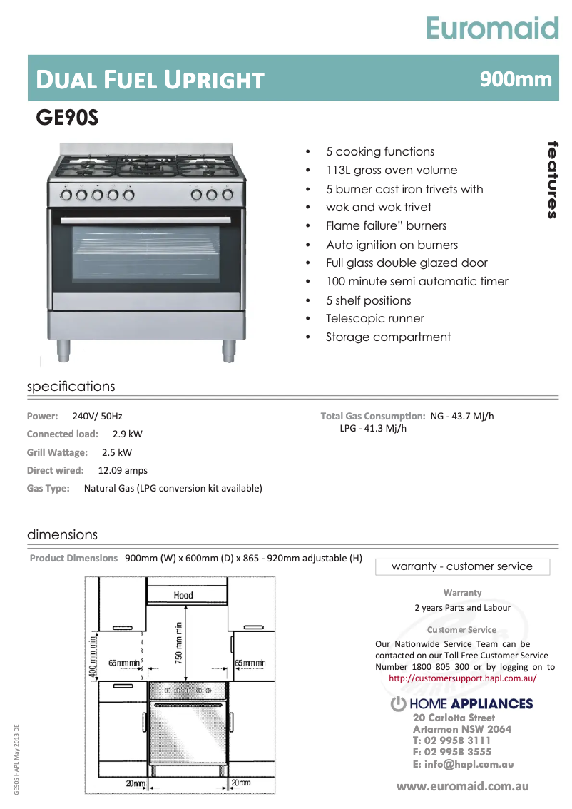 Página 1 del manual Ficha técnica Euromaid GEAOL90PK