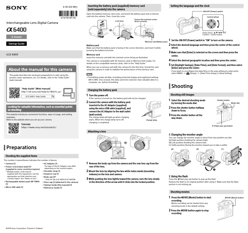 Página 1 del manual Guía de instalación Sony Alpha A6400