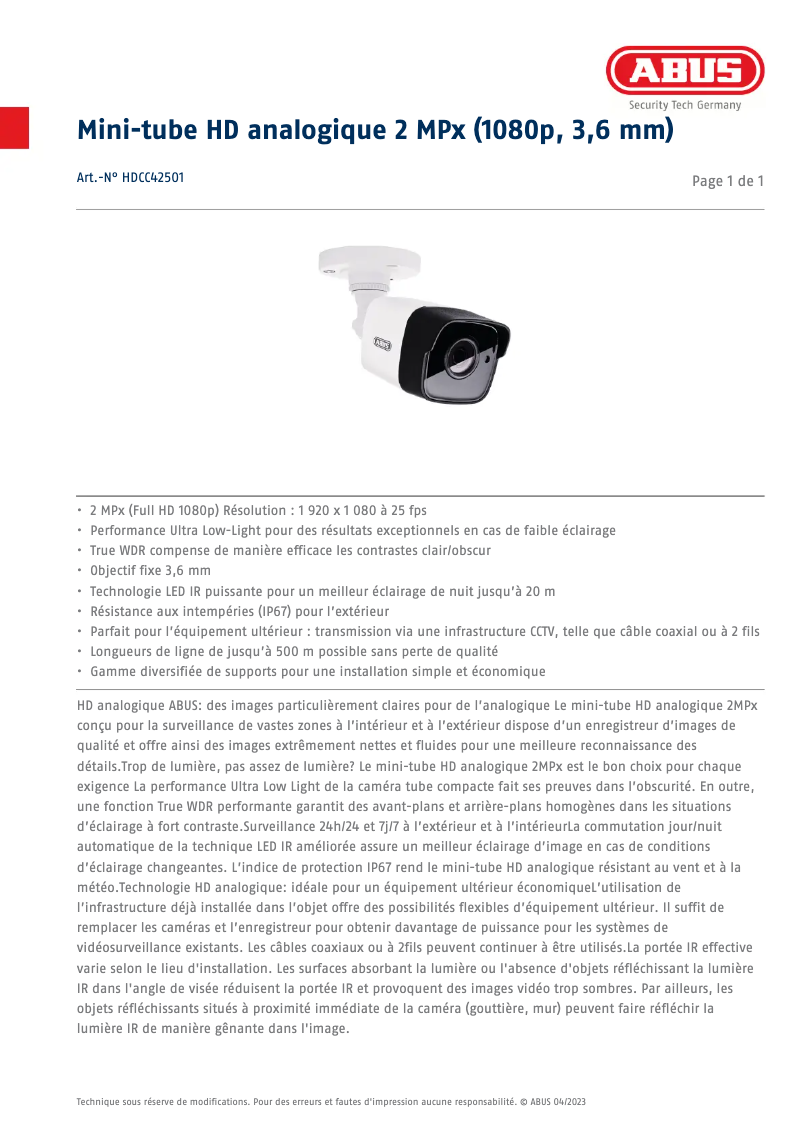 Página 1 del manual Ficha técnica Abus HDCC42501