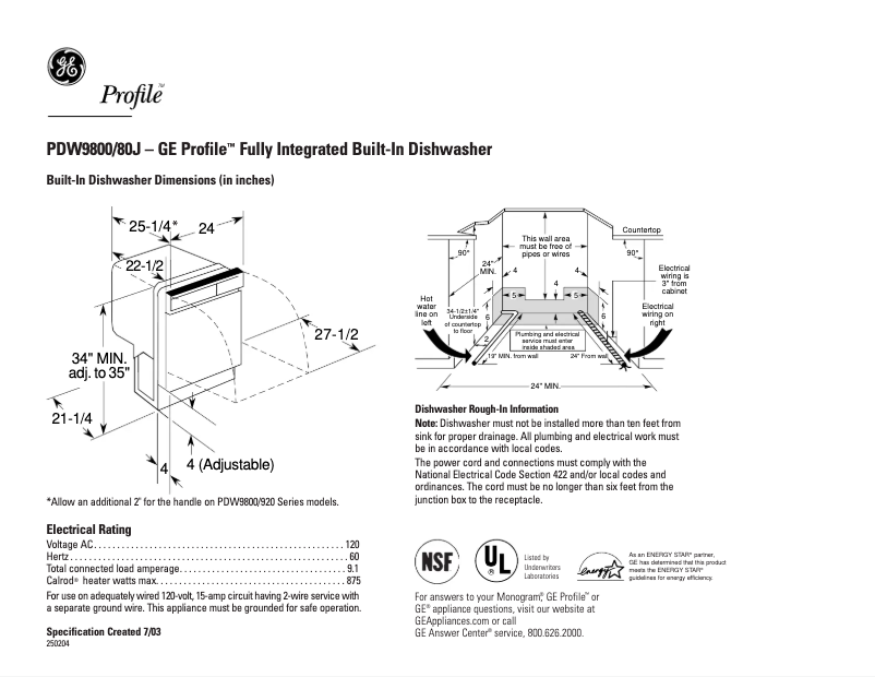 Página 1 del manual Ficha técnica GE Profile PDW9800JBB