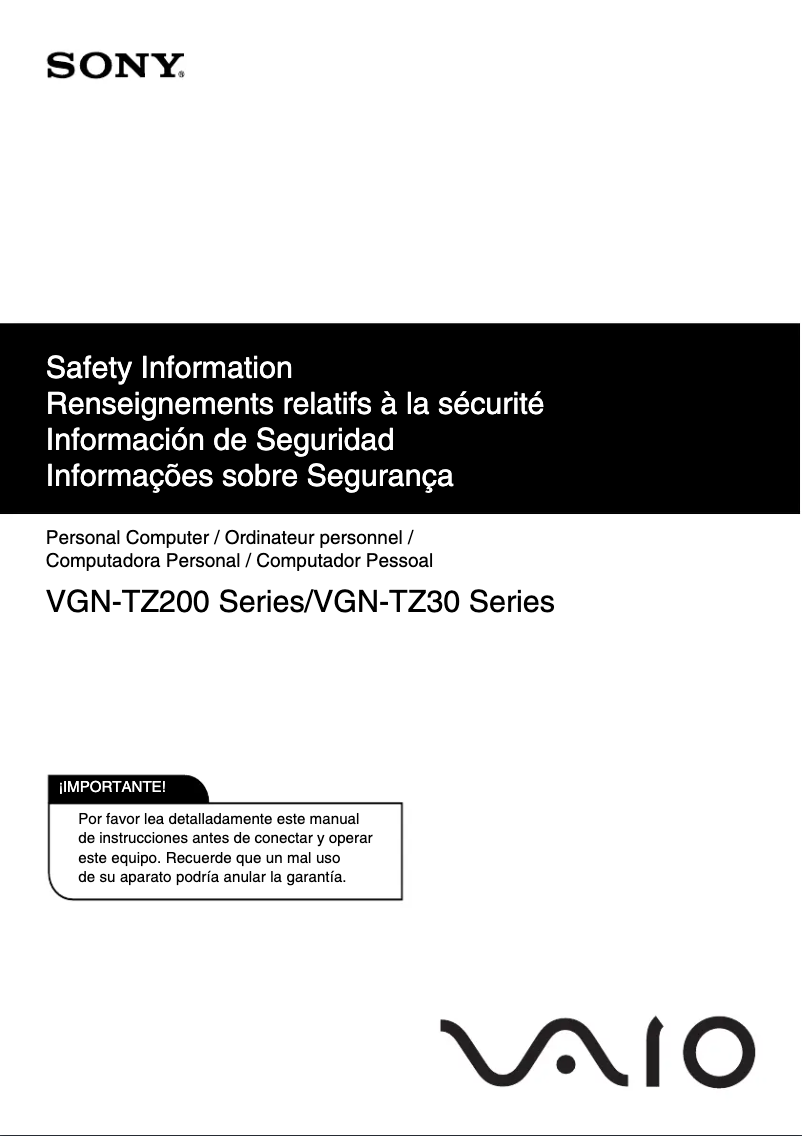 Página nº 1 - Instrucciones de seguridad Sony Vaio VGN-TZ2000