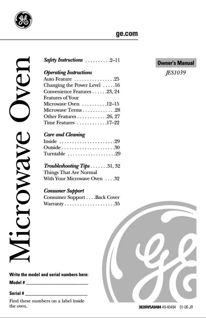 Página 1 del manual Manual de usuario GE JES1039WF