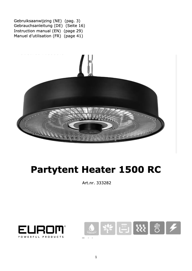 Imagen de la primera página del manual del dispositivo Partytent Heater 1500 RC