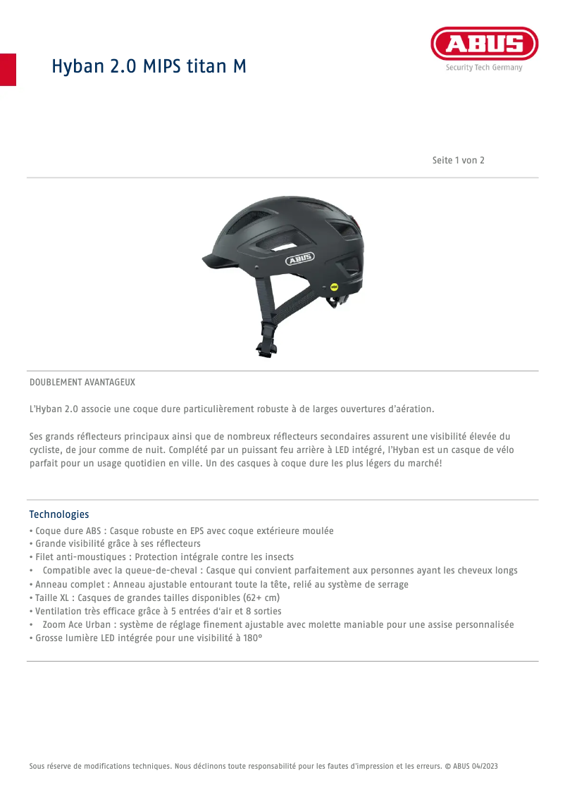 Página 1 del manual Ficha técnica Abus Hyban 2.0 MIPS