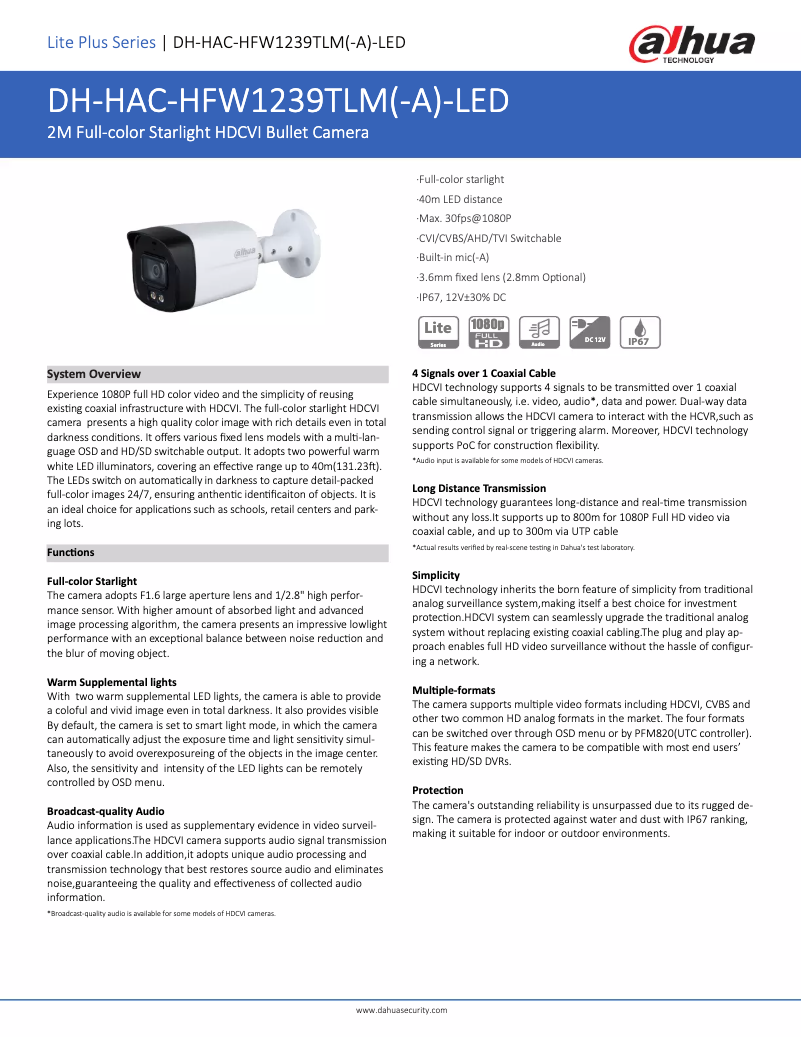 Imagen de la primera página del manual del dispositivo HAC-HFW1239TLM-A-LED