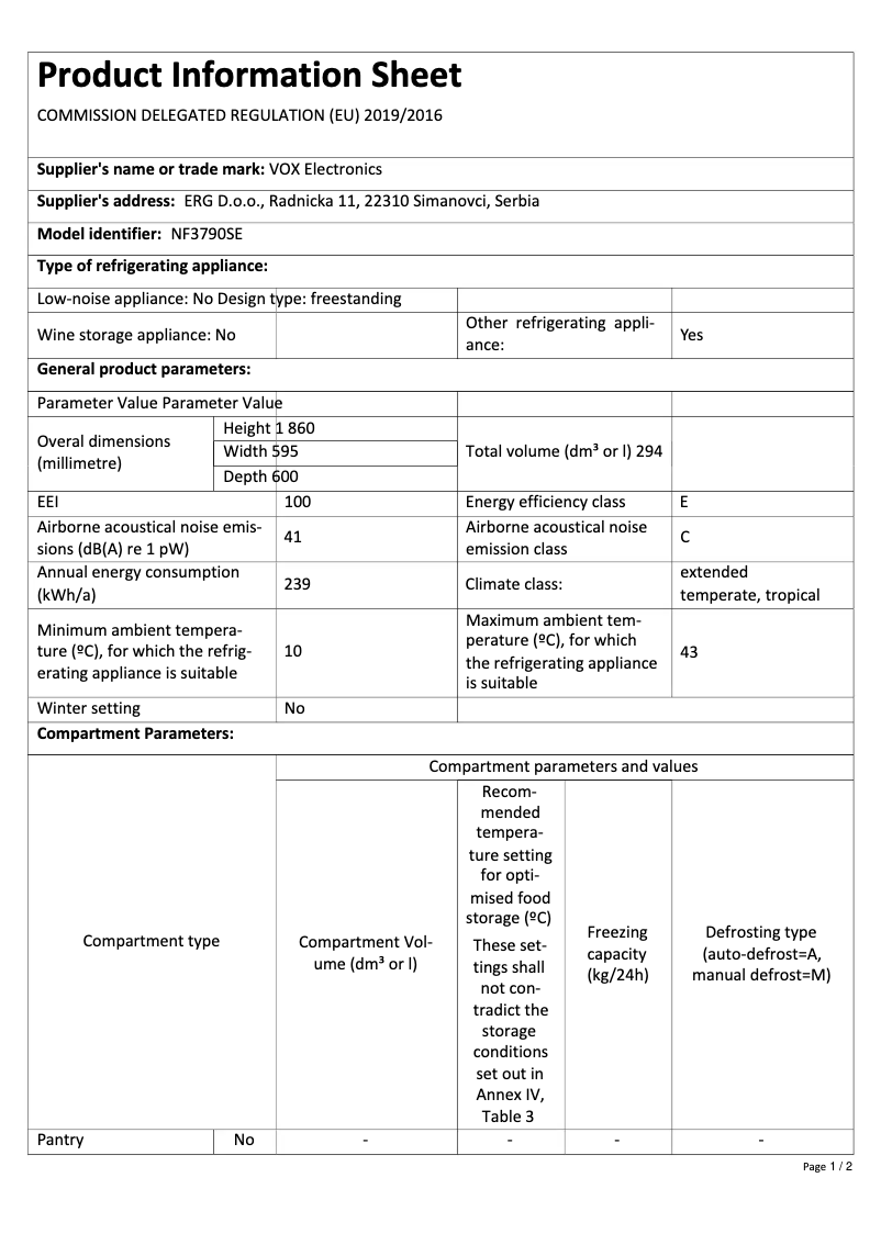 Página 1 del manual Ficha técnica VOX NF 3790 SE