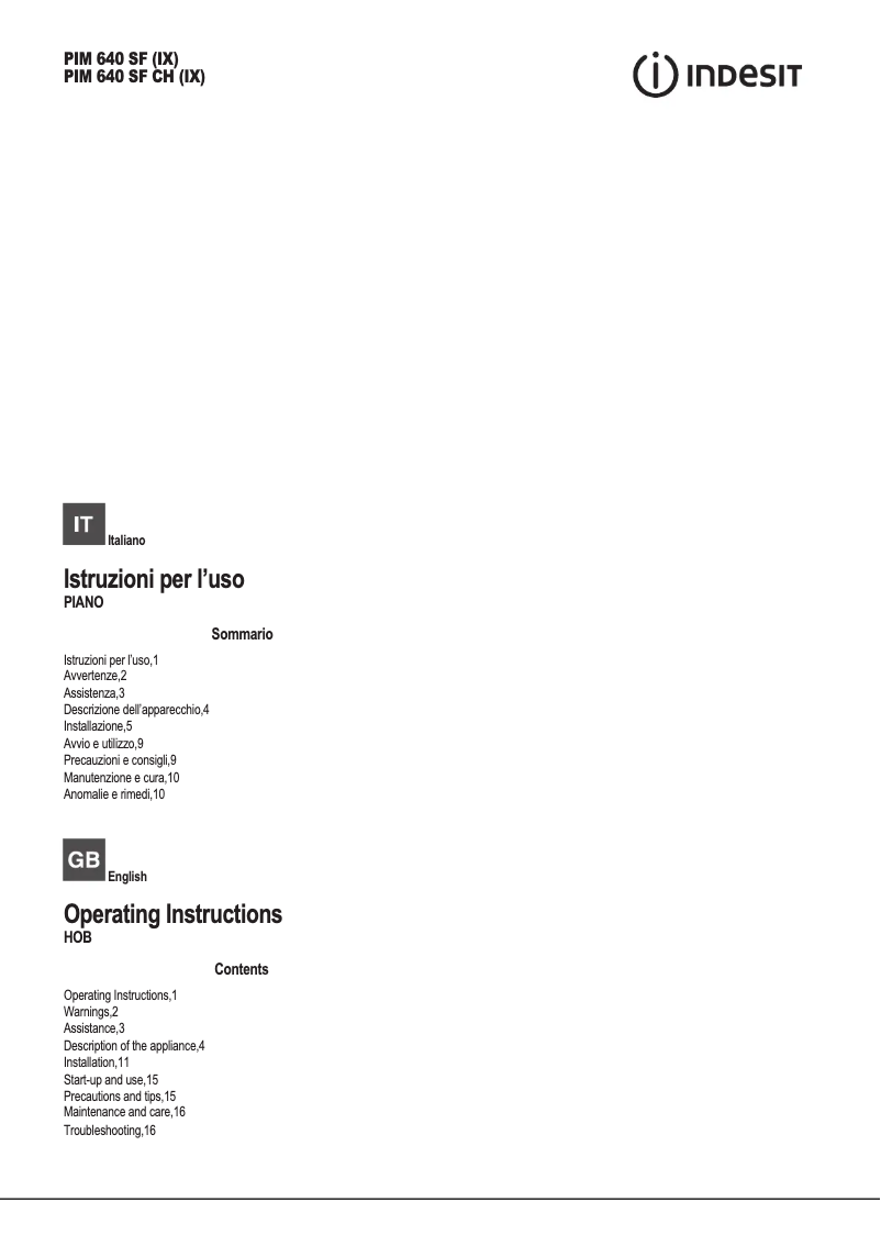 Página 1 del manual Manual de usuario Indesit PIM 640 SF CH (IX)