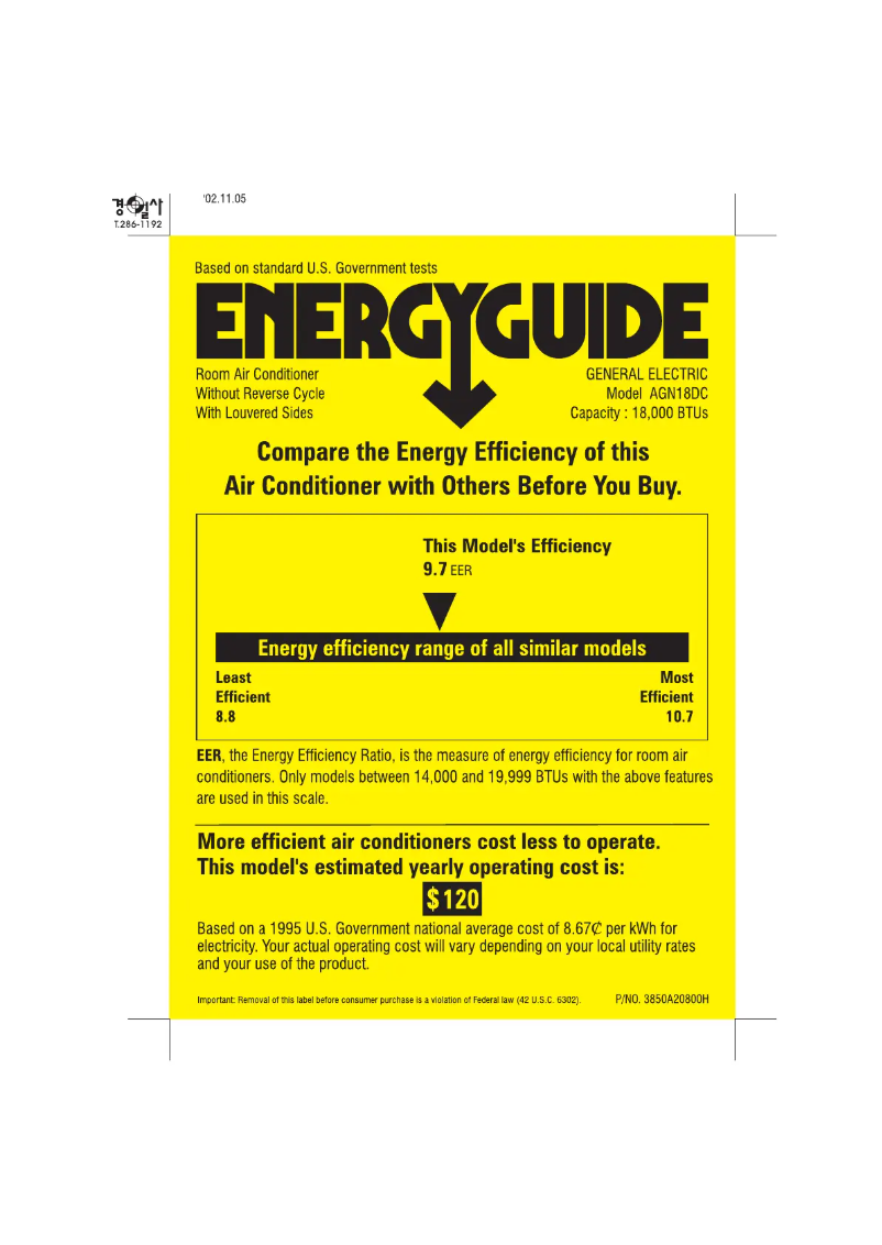 Página 1 del manual Etiqueta energética GE AGN18DC