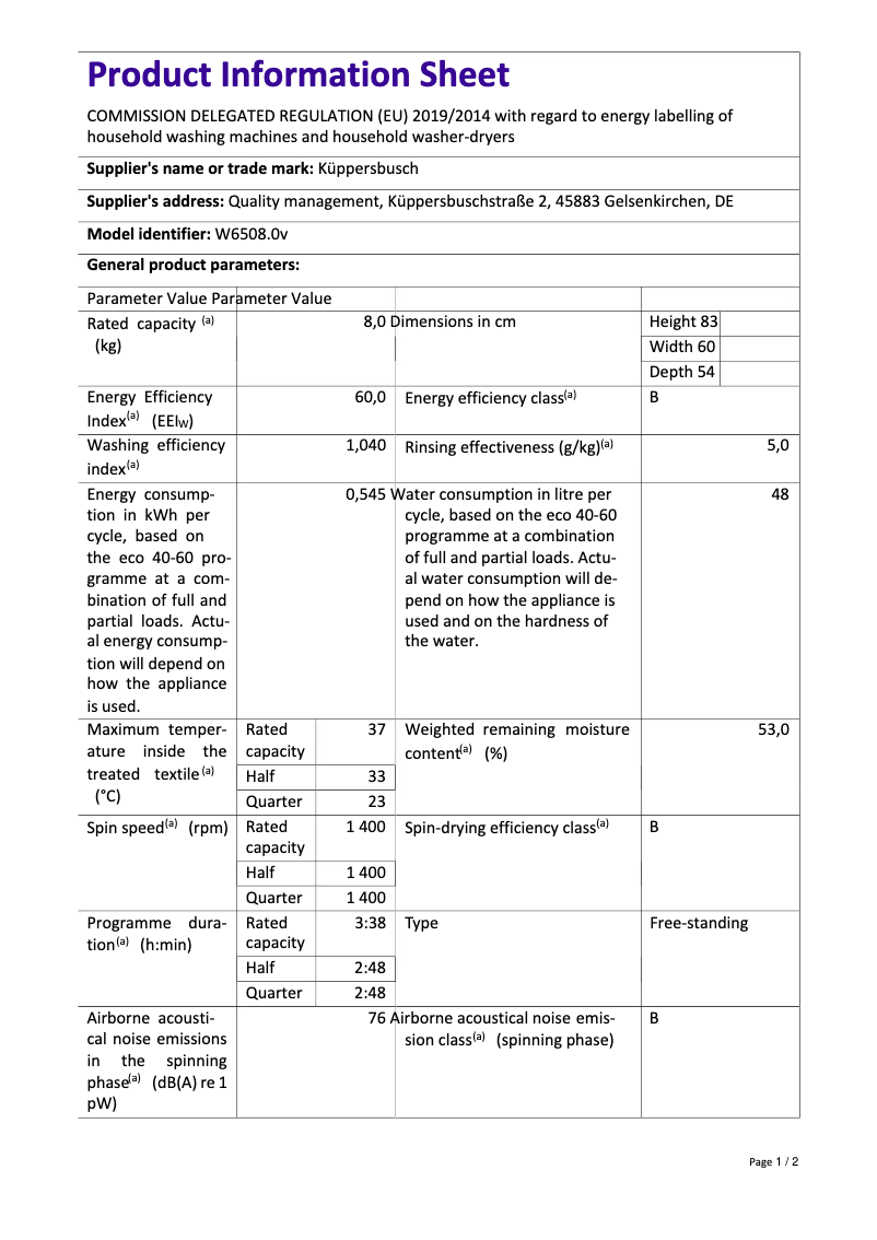 Página 1 del manual Etiqueta energética Küppersbusch WT6508.0v